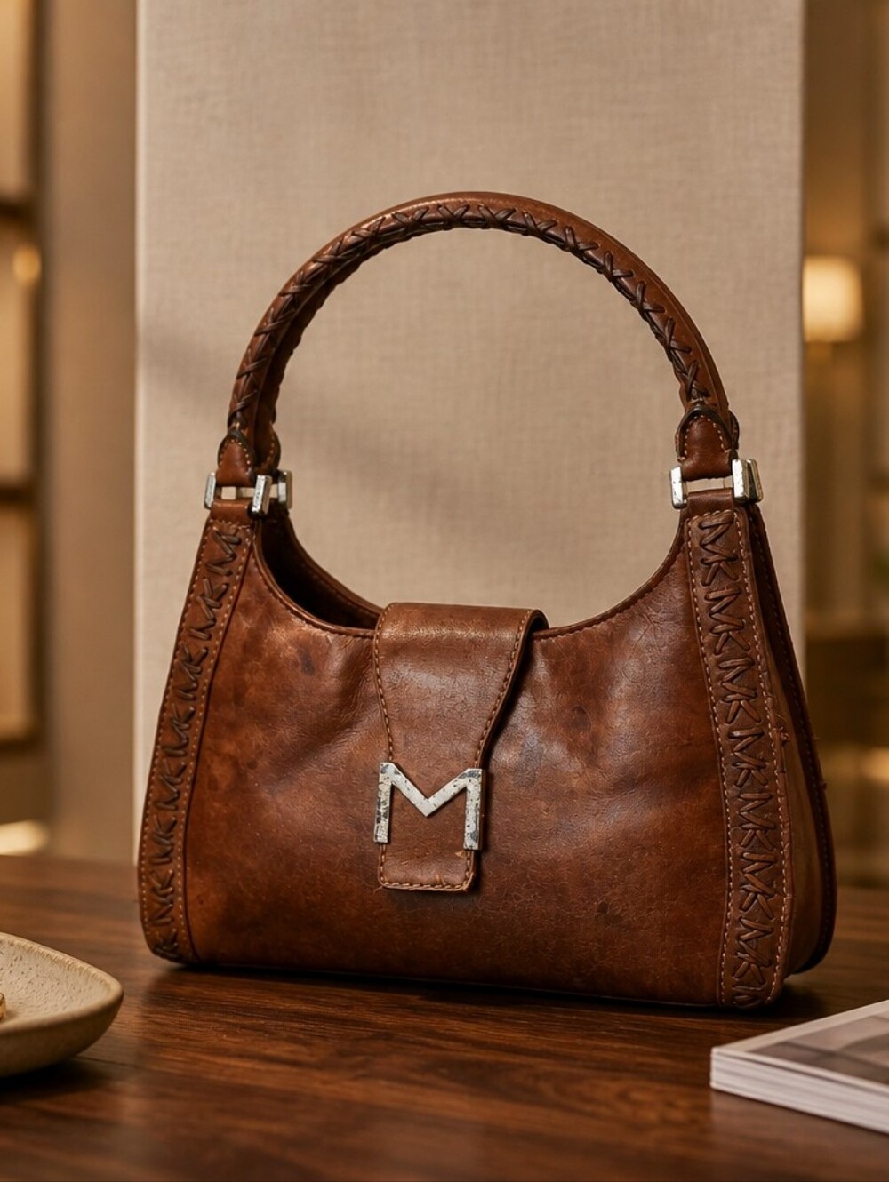 MICHAEL Michael Kors Vintage Brown Leather Braided-Handle Shoulder Bag
